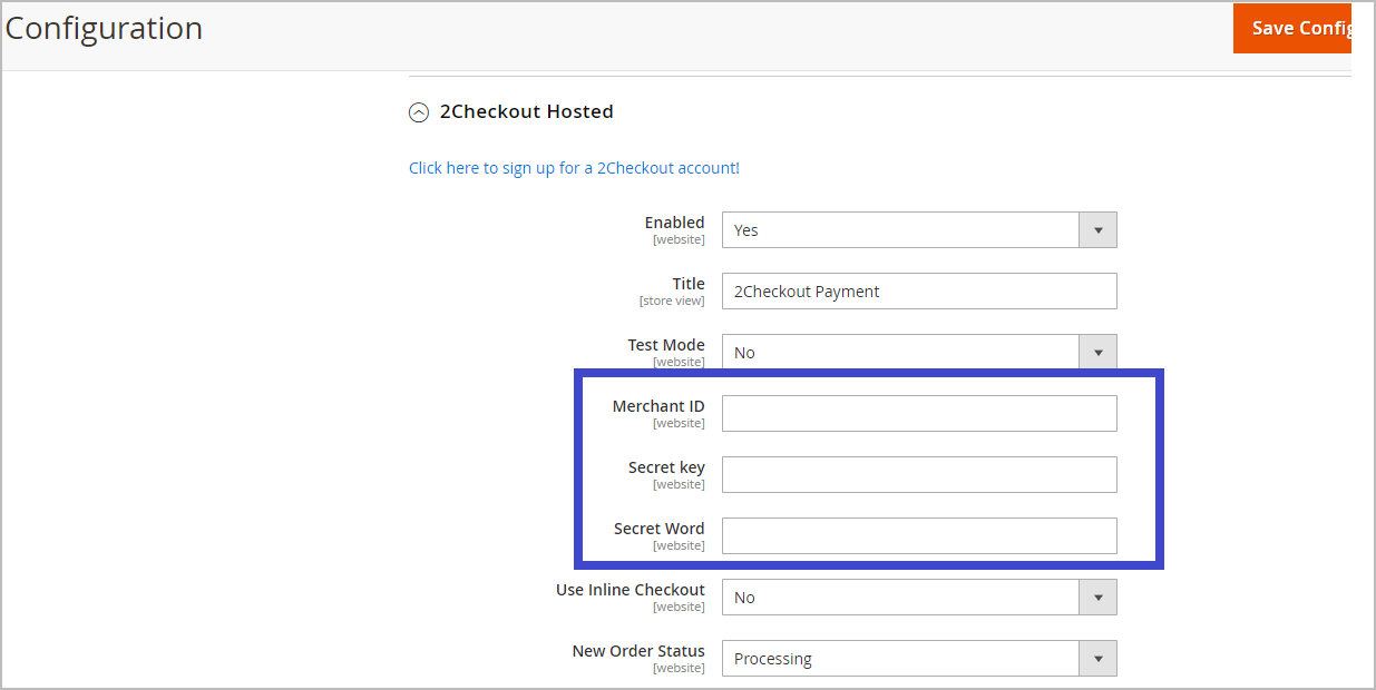 2checkout magento integration step 4 - magento admin configuration