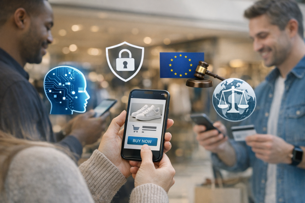 Abstract illustration of AI, mobile commerce, privacy, and global digital regulations