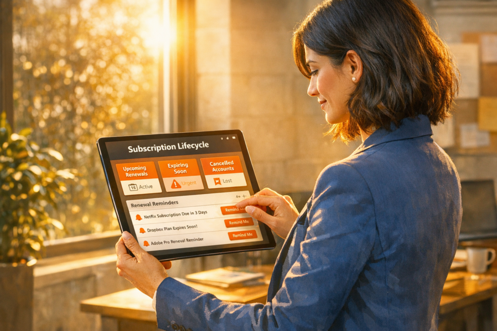 Subscription management dashboard showing renewals, upgrades, and payment recovery