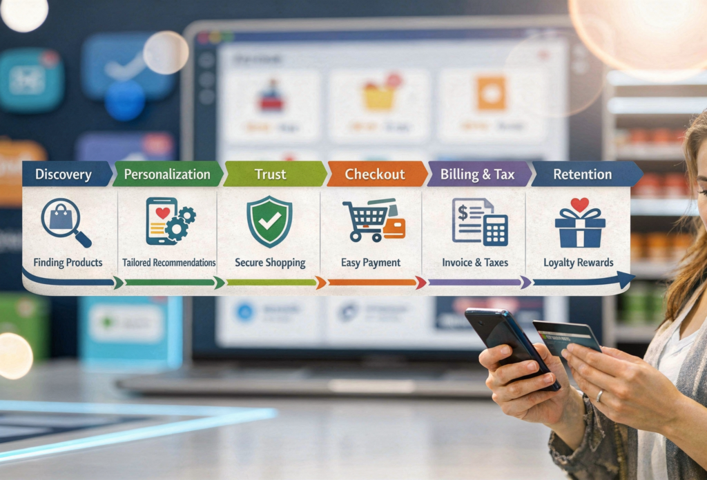 Diagram showing the six stages of the 2026 digital buyer journey from discovery to retention