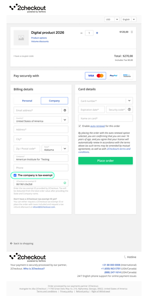 2Checkout cart-shot that highlights the tax-exemption feature
