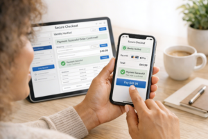 Person completing a digital purchase on a smartphone, with tablet or laptop nearby showing the same wallet-led checkout, featuring instant confirmation, identity verification, and consistent cross-device payment experience.