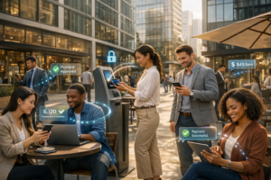 Realistic illustration of people in a modern urban plaza using smartphones, tablets, and laptops to make digital payments, with AI-powered payment flows, instant confirmations, and trust indicators in a professional city environment.