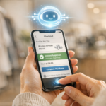 Person shopping on a smartphone, interacting with an AI-enhanced checkout showing instant approval, recommendations, or verification prompts, representing agentic AI improving digital payments.
