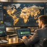 Professional sitting at a desk with a laptop in a high-tech office, surrounded by large screens showing a world map, payment dashboards, checkouts, and glowing lines representing real-time, flexible, and orchestrated digital payments.