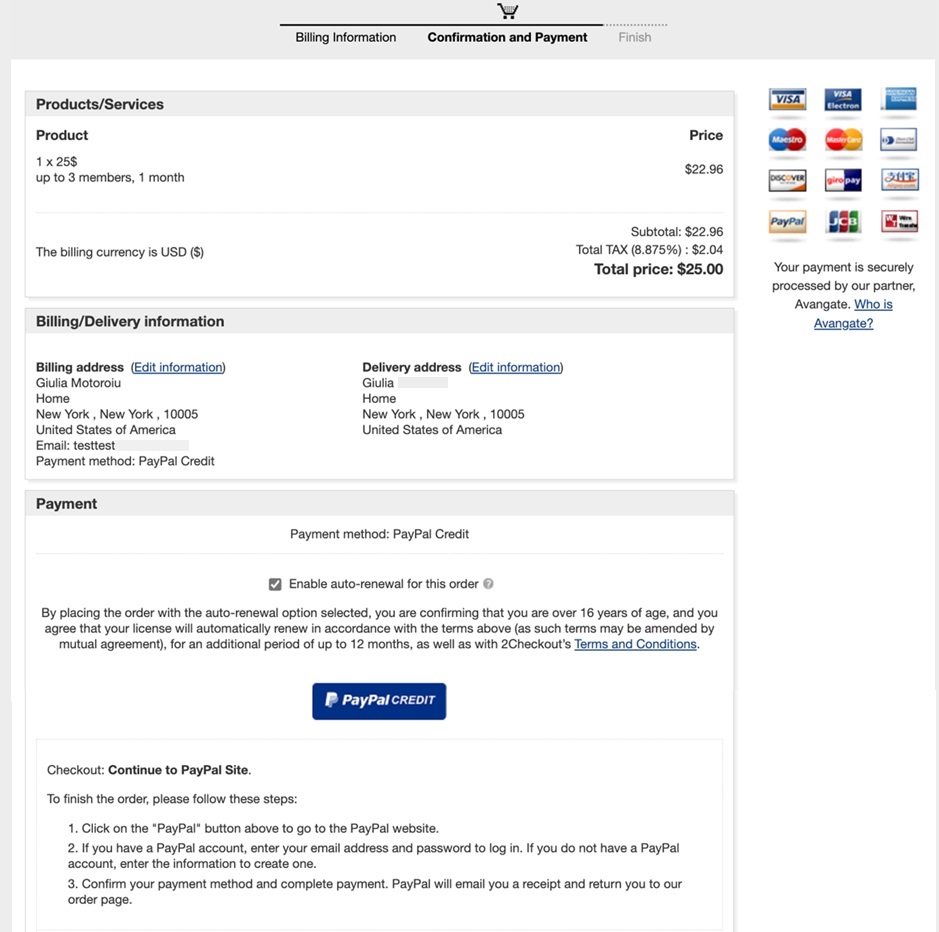 A snapshot of a 2Checkout cart that allows paypal credit payment option